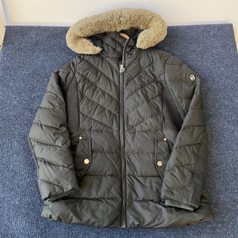 Michael‎ Michael Kors Puffer Jacket Womens Medium Olive Hooded Faux Fur Quilted